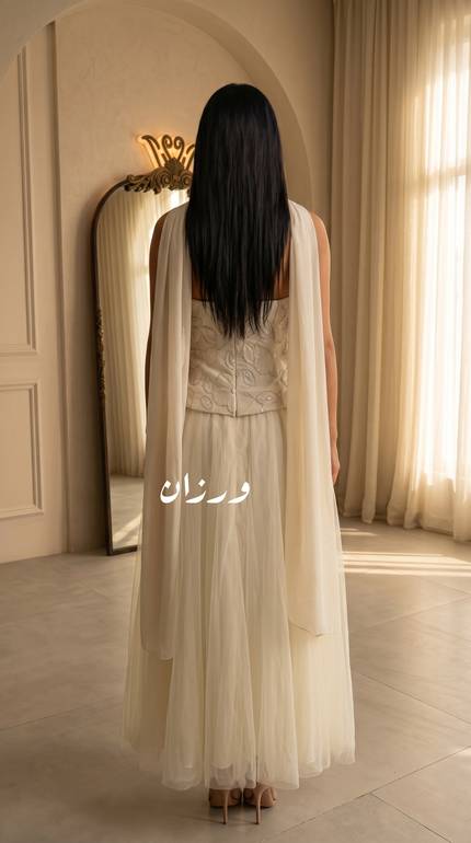 فستان سهرة أنيق بقصة ورد تل وبكسرات مميزة