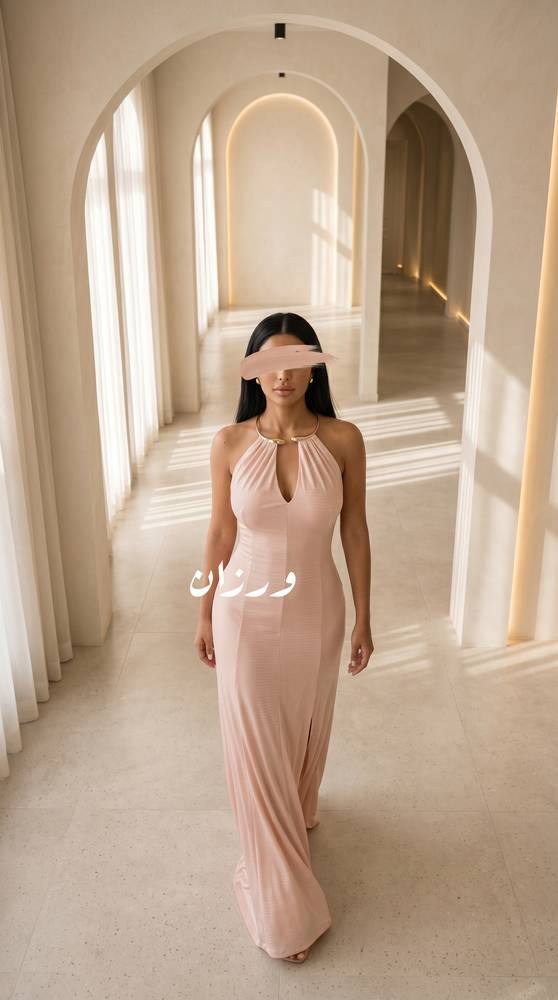 فستان ناعم وردي برقبة هالتر وتصميم انسيابي