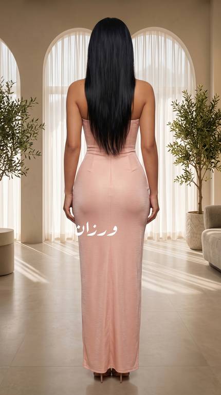 فستان ناعم وردي برقبة هالتر وتصميم انسيابي