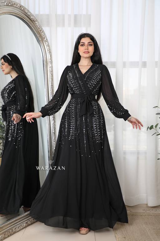 فستان سهرة ناعم بحزام ربطة من الخصر
