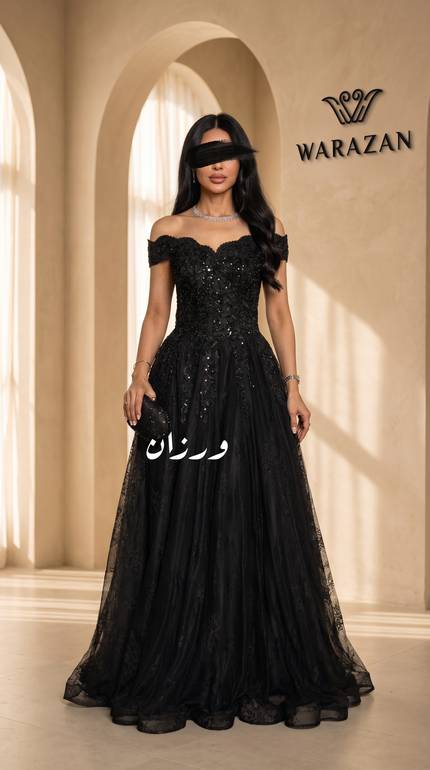 فستان سهرة أسود أوف شولدر بتطريز فاخر