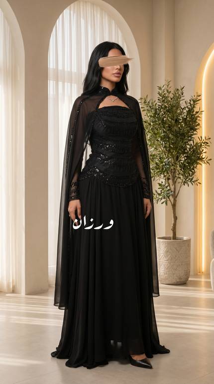 فستان سهرة أسود بكاب شيفون وتطريز فاخر