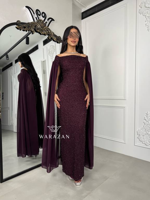 فستان سهرة خمري مع وشاح  ناعم  