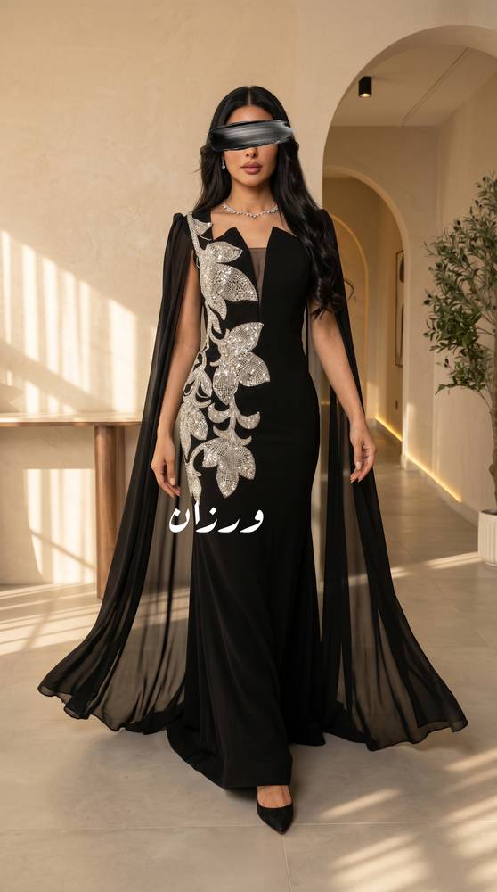 فستان سهرة أسود بكيب شيفون وتطريز خرز فضي