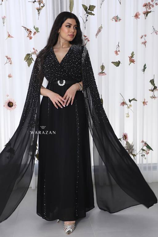 فستان سهرة ناعم بحزام من الخصر وألوان مختلفة - L - اسود