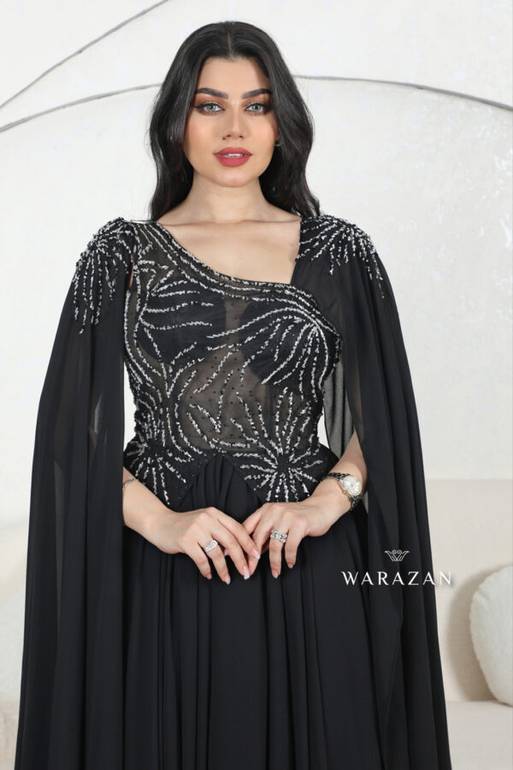 فستان سهرة شيفون بتطريز راقي وأكمام طويلة
