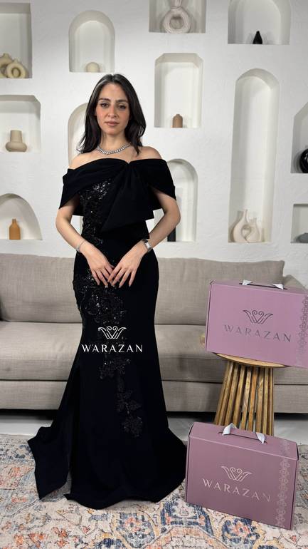 فستان سهره بتطريز كرستال اسود 