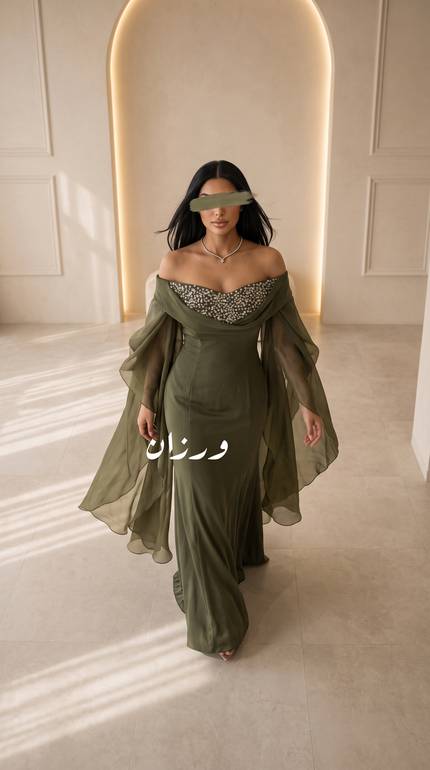 فستان سهرة زيتي بصدرية مطرزة وكاب شيفون