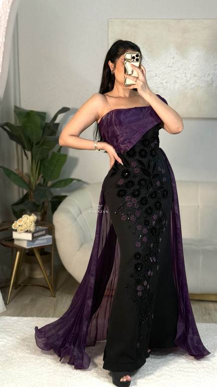 فستان سهرة بتدخيل ورود و كسرات 
