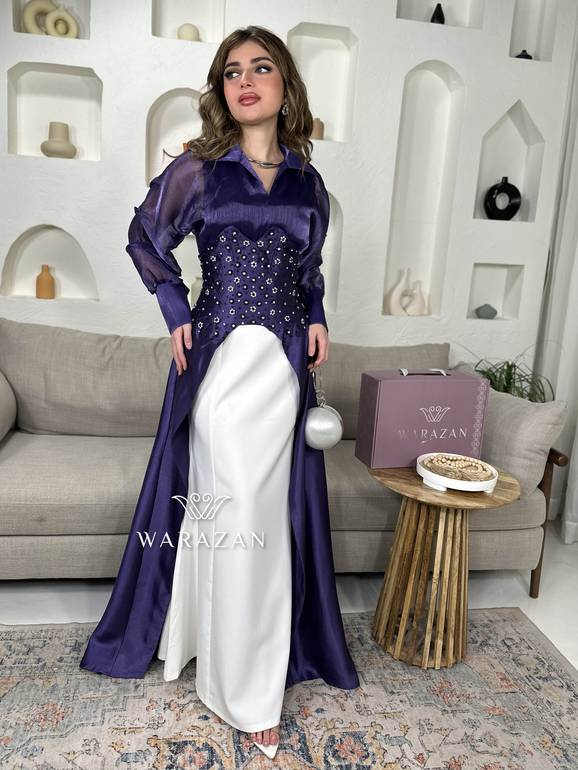 فستان ملكي بكرستال و اكمام شفافه وبستايل انيق 