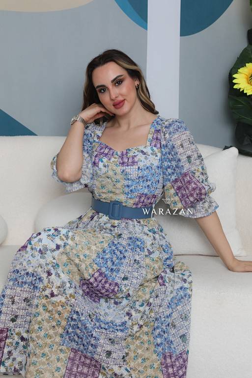 فستان ميد مشجر بلونين مع حزام 