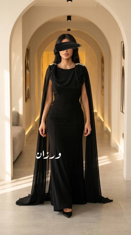 فستان سهرة أسود ملكي بكاب انسيابي فاخر