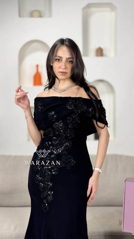 فستان سهره بتطريز كرستال اسود 