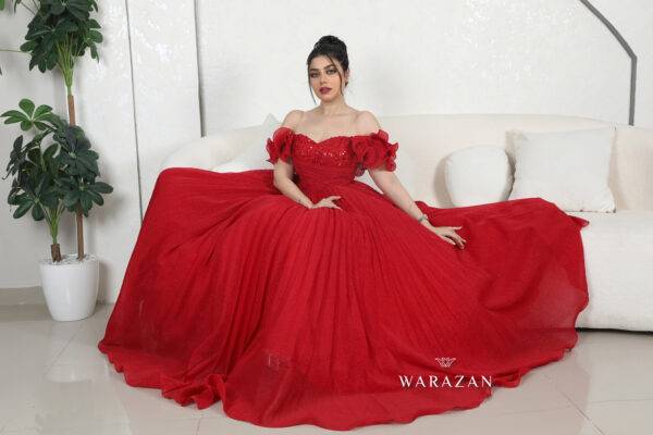 فستان سهرة أحمر فخم بأكمام كركرشة 