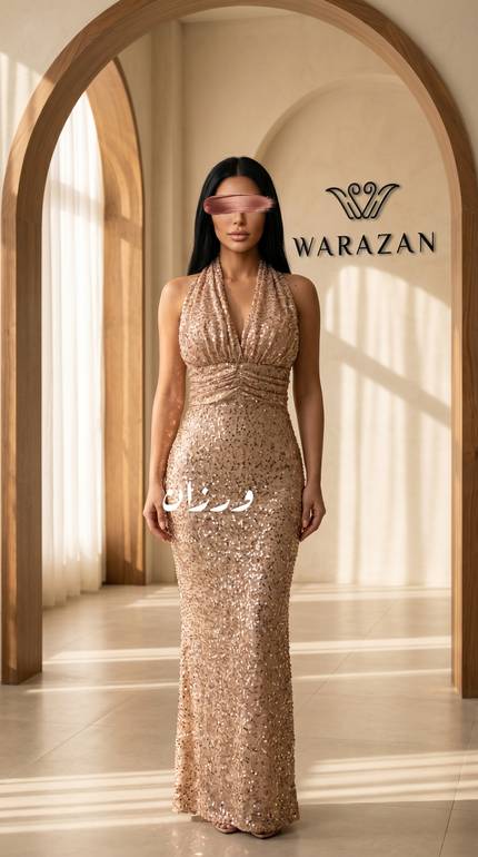 فستان سهرة ذهبي طويل بترتر لامع