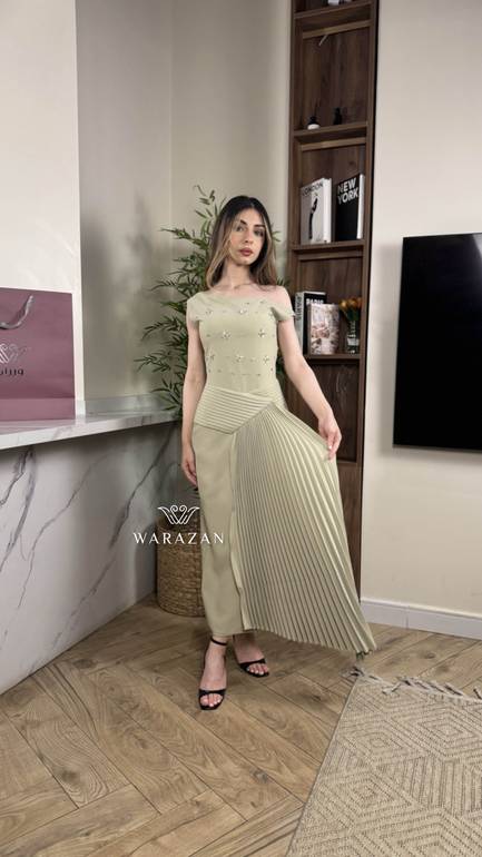 فستان ناعم بكسرات و كرستال  - L - عشبي