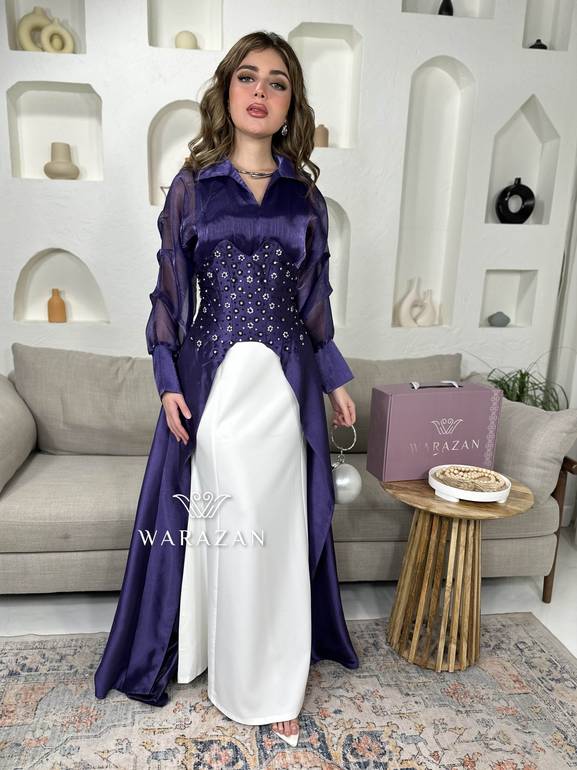 فستان ملكي بكرستال و اكمام شفافه وبستايل انيق 