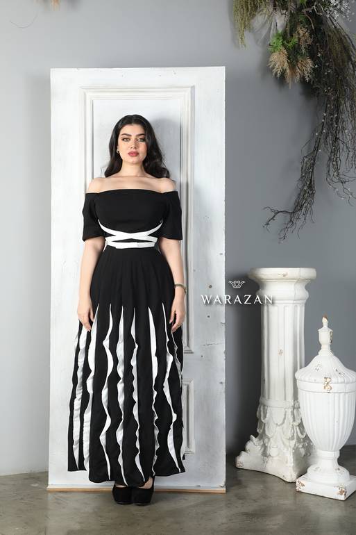 فستان سهرة طويل ناعم أسود مع أبيض مع كركشه