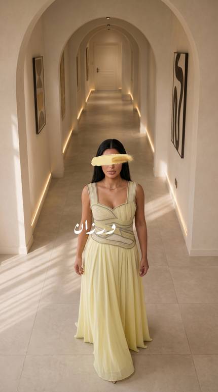 فستان سهرة أصفر بقصة انسيابية مطرزة