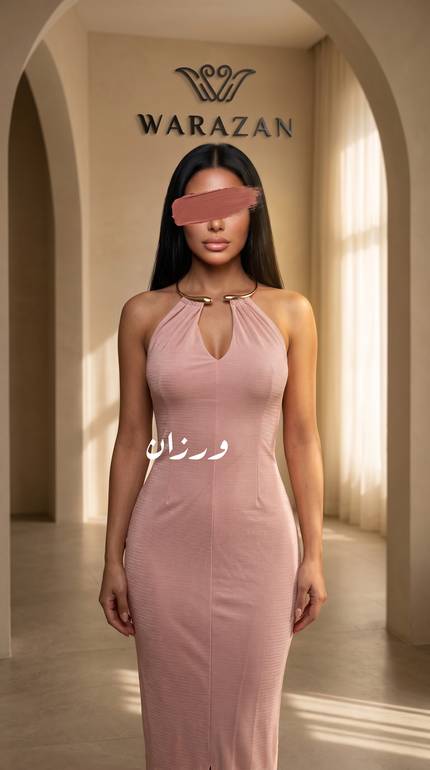 فستان ناعم وردي برقبة هالتر وتصميم انسيابي