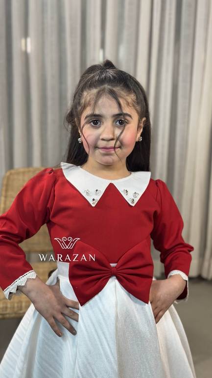 فستان بناتي معا فيونكة من الخصر بالوان الاحمر والابيض