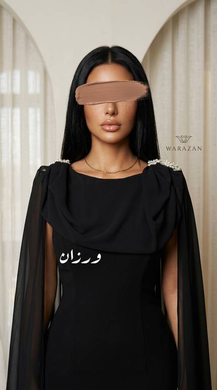 فستان سهرة أسود ملكي بكاب انسيابي فاخر