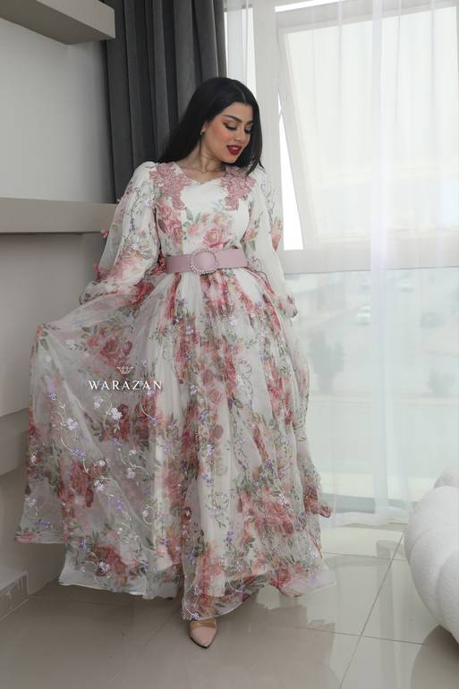 فستان سهرة طويل ومشجر راقي مع حزامين