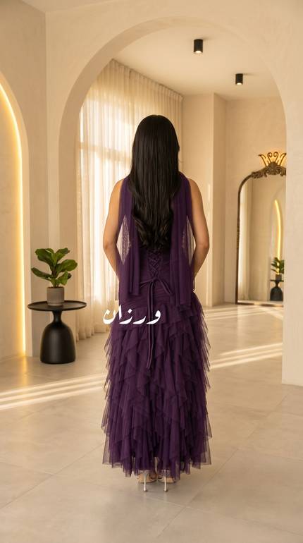 فستان سهرة بنفسجي داكن بتل انيق
