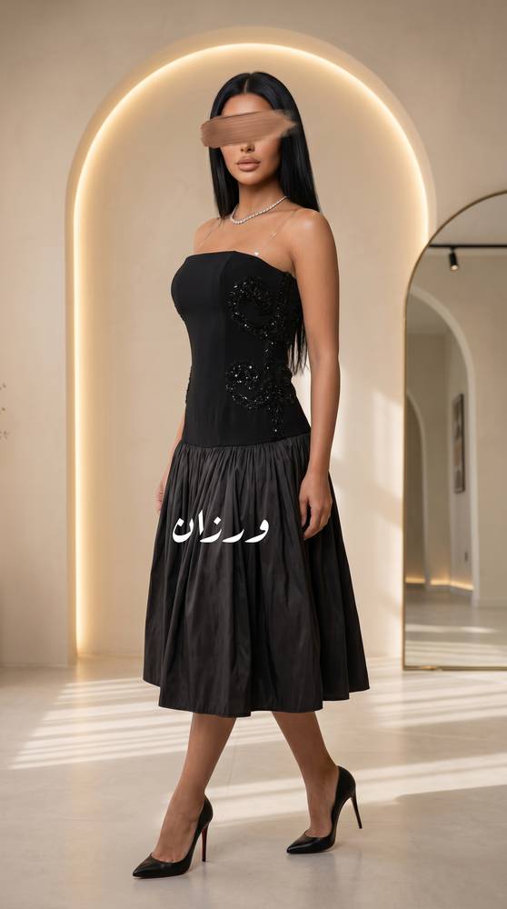 فستان سهرة أسود ميدي بتطريز فاخر