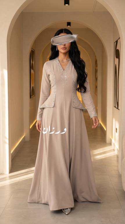 فستان سهرة بيج بأكمام طويلة وتطريز انيق 