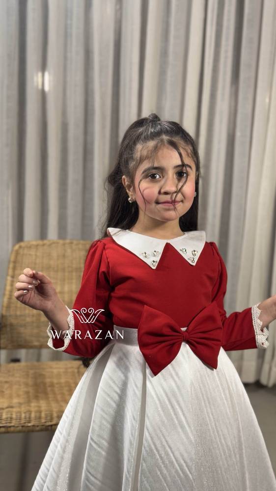 فستان بناتي معا فيونكة من الخصر بالوان الاحمر والابيض