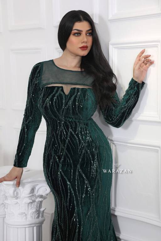فستان مخمل ماسك بتطريز فخم - زيتي - 8