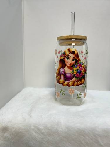 كاس زجاجي بغطاء خشبي الاميرة روبانزل