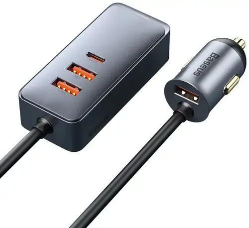 شاحن سيارة سريع متعدد المنافذ PPS مع سلك تمديد 1.5M خرج 120W-رمادي