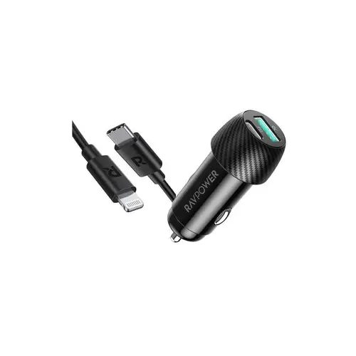 راف باور كومبو شاحن سيارة بتقنيه بي دي 25 واط ومنفذ USB-A 24 واط + كيبل تايب سي لايتننق