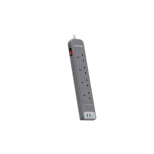 توصيلة راف باور 4 منافذ طاقة ومنفذين USB-A ومنفذ USB-C بطول 3 متر - رمادي