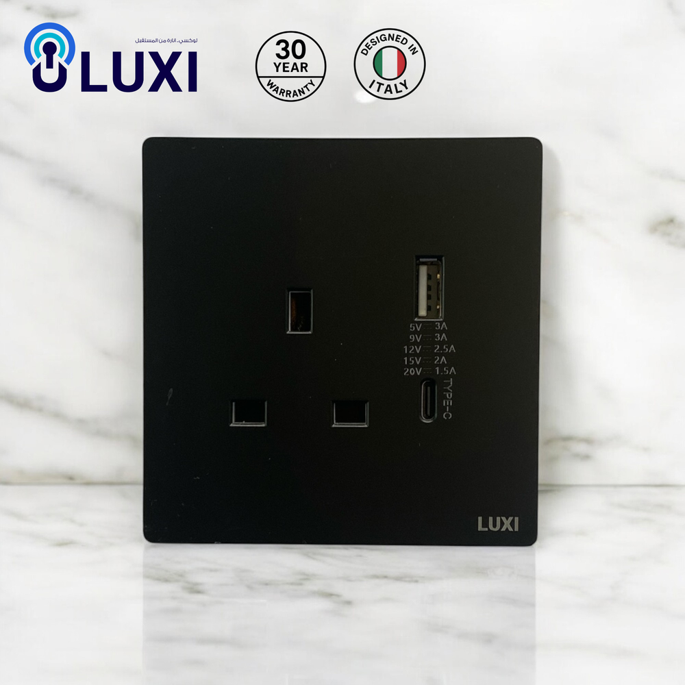 فيش USB-A+C 13A لوكسي (LUXI) ابيض/اسود