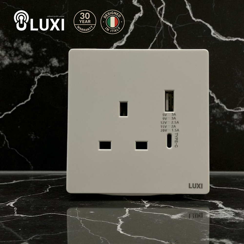 فيش USB-A+C 13A لوكسي (LUXI) ابيض/اسود