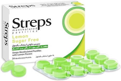 Streps Mentholated Pastilles Lemon Sugar Free 24 Pastilles