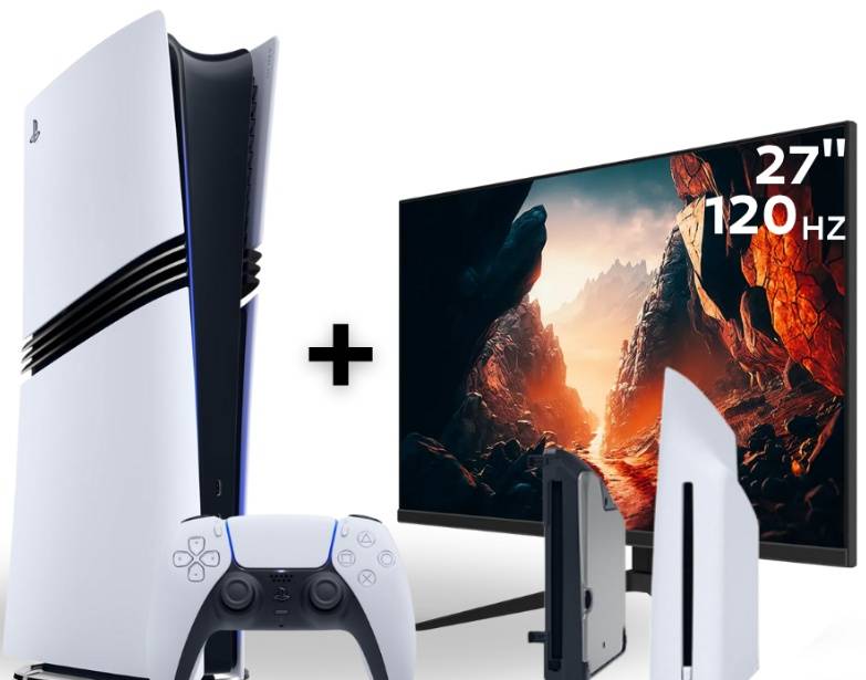 بلايستيشن 5 برو + شاشة العاب مقاس 27 بوصة 120hz هيرتز + دسك درايف مدخل اشرطة 