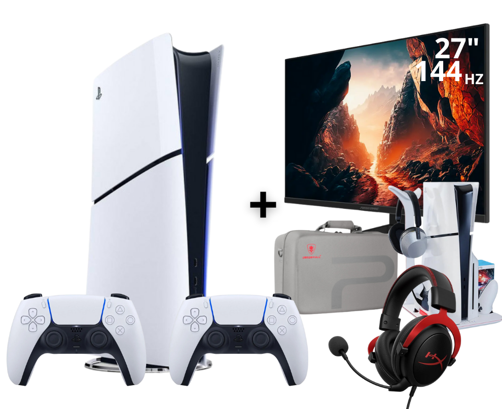 بلايستيشن 5 سليم ديجتال يدتين تحكم + شاشة العاب مقاس 27 بوصة 120hz هيرتز + قاعدة بلايستيشن 5 + سماعة هايبر اكس 2 + شنطة 
