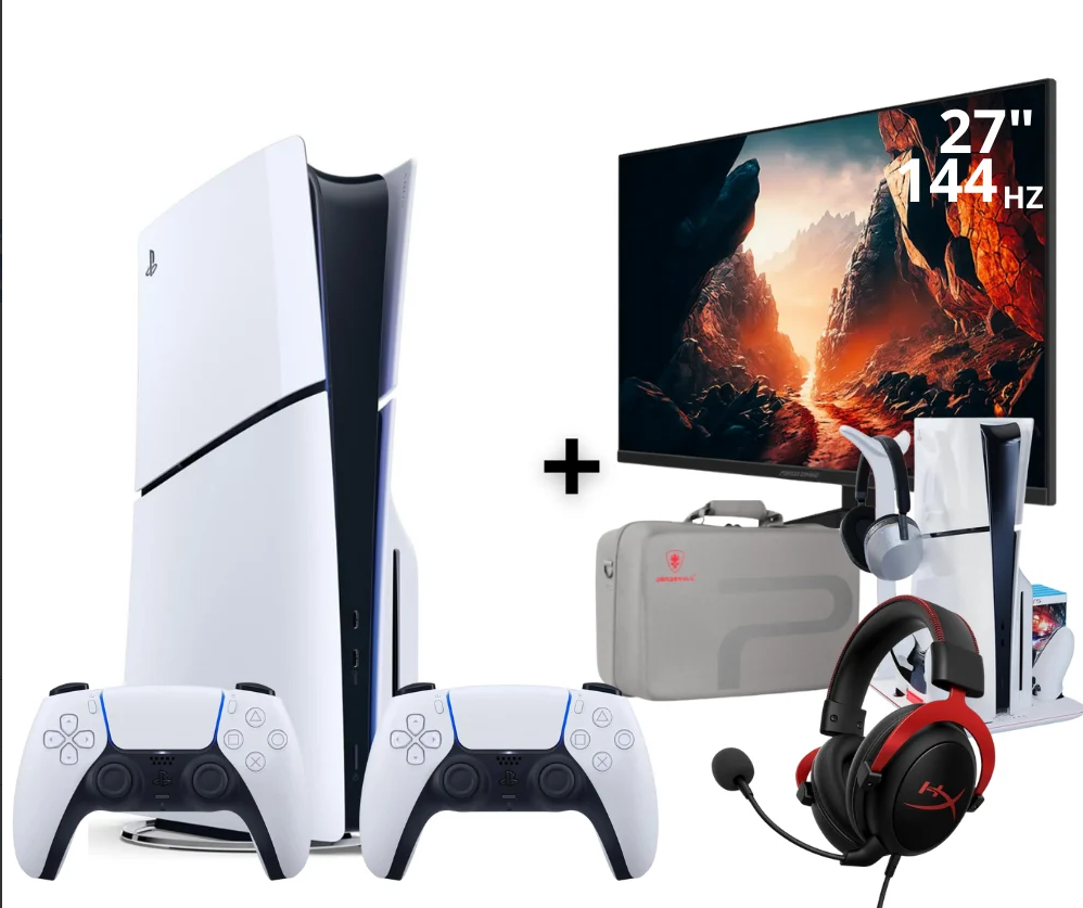 بلايستيشن 5 سليم سي دي يدتين تحكم + شاشة العاب مقاس 27 بوصة 120hz هيرتز + قاعدة بلايستيشن 5 + سماعة هايبر اكس 2 +شنطة 