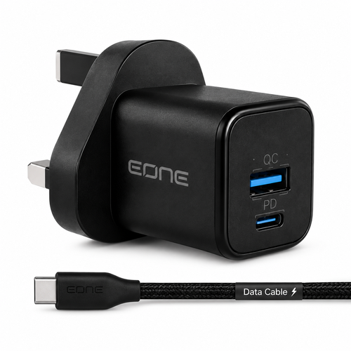 شاحن EDONE سريع 20 واط PD + QC 3.0 مع كابل USB-C أسود