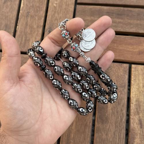 يسر مطعم فضة هلال ونجمة (خامة طبيعية) عدد الخرز 33 مقاس الخرز 11*15.5ملي بكركوشة فضة حلبية 