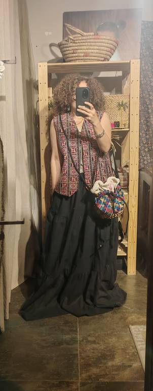 Maxi black boho tiered linen skirt