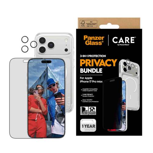 بكج ايفون 17 برو ماكس (كفر شفاف-حماية العدسات-ستيكر خصوصية) بانزرجلاس PrivacyBundle