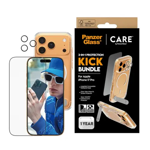 بكج ايفون 17 برو  (كفر شفاف-حماية العدسات-ستيكر شفاف) بانزرجلاس Kick Bundle