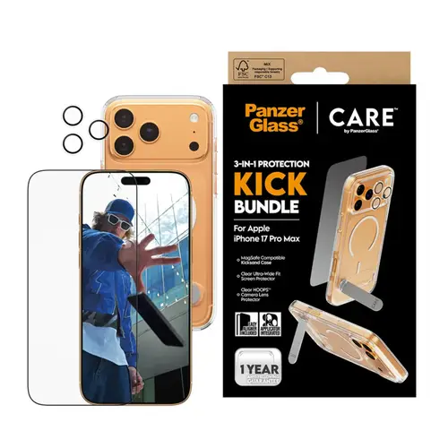 بكج ايفون 17 برو ماكس (كفر شفاف-حماية العدسات-ستيكر شفاف) بانزرجلاس Kick Bundle