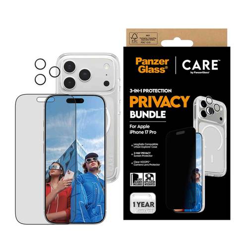 بكج ايفون 17 برو  (كفر شفاف-حماية العدسات-ستيكر خصوصية) بانزرجلاس PrivacyBundle