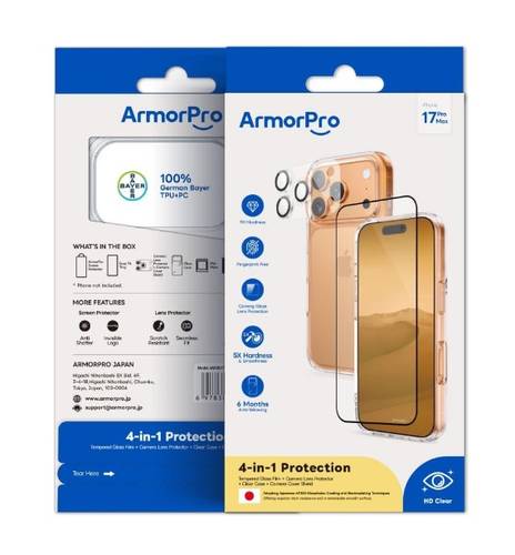 بكج حماية ايفون 17 برو ماكس , كفر , ستيكر شفاف , حماية العدسات من Armorpro
